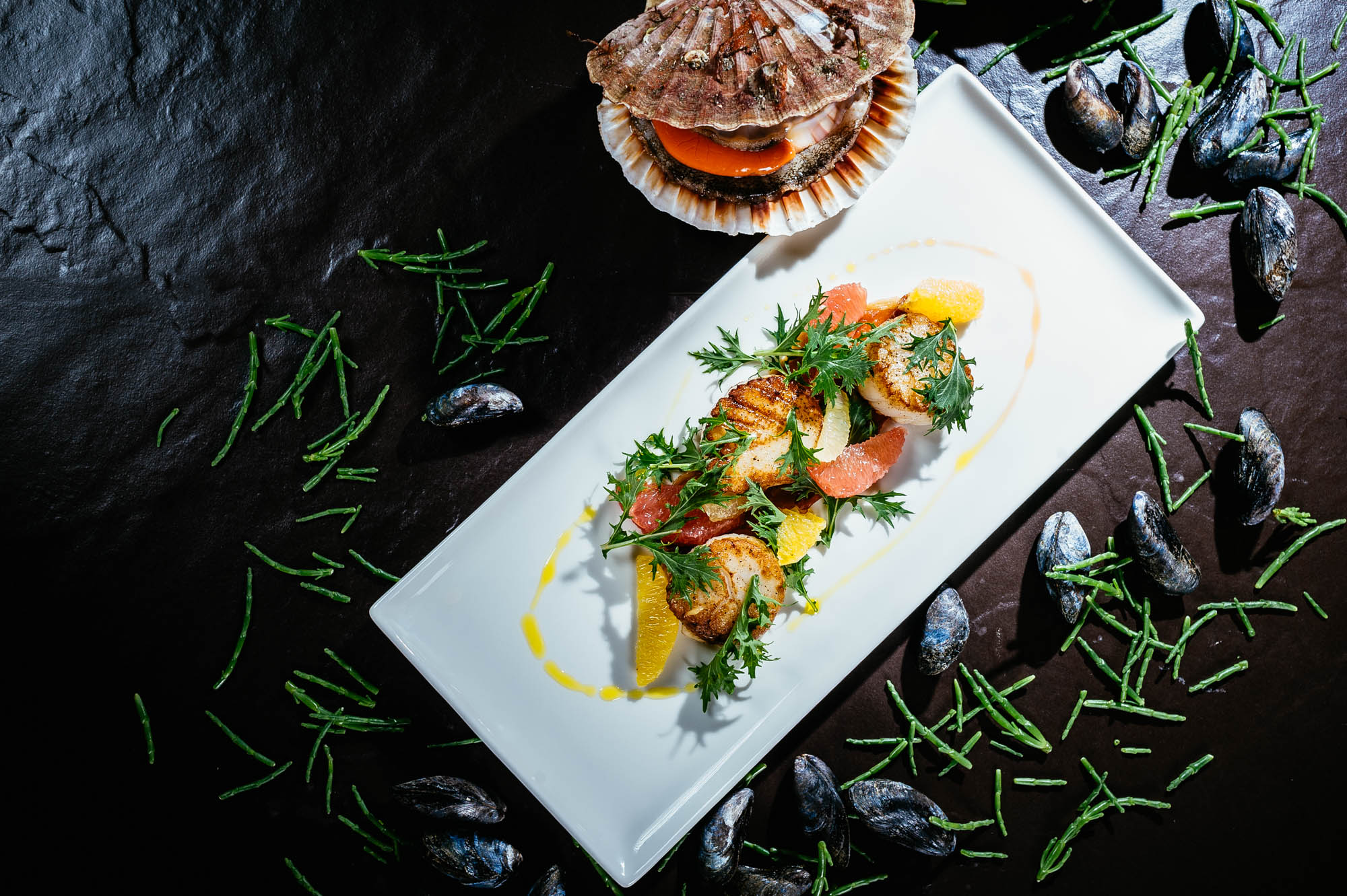 A photo of a seafood dish on a white plate upon a black surface